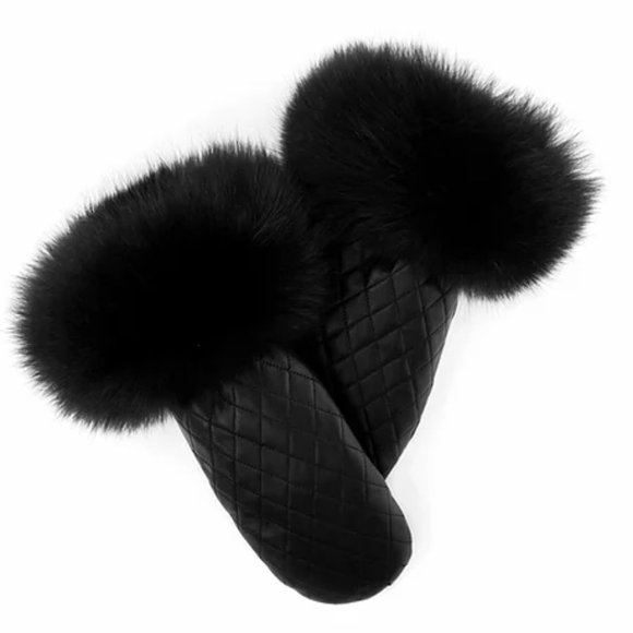 Black Leather Quilted Lined Mittens with Fox Fur